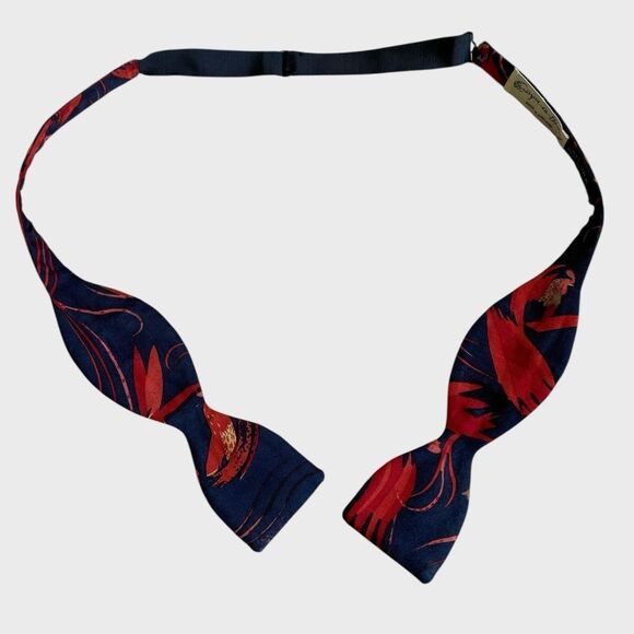 VTG Georgina Von Etzdorf Bird Floral Silk Self Tie Bow Tie Navy Red England RARE - Picture 8 of 16